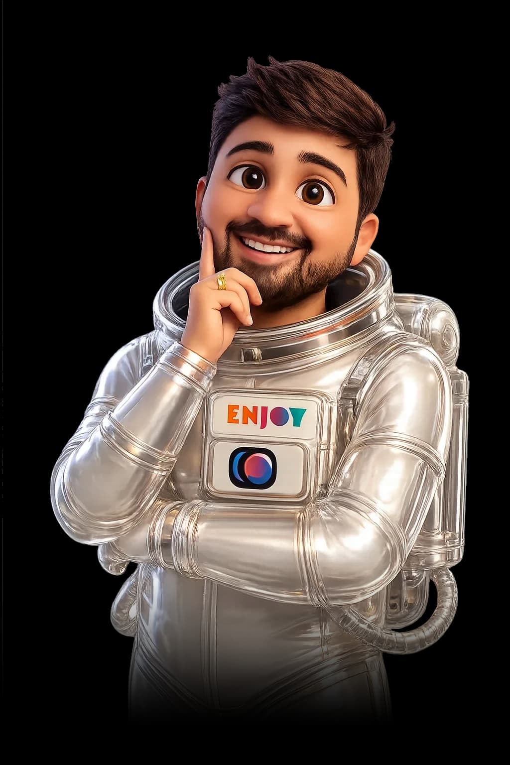 Mascote astronauta da Enjoy apontando para o contato